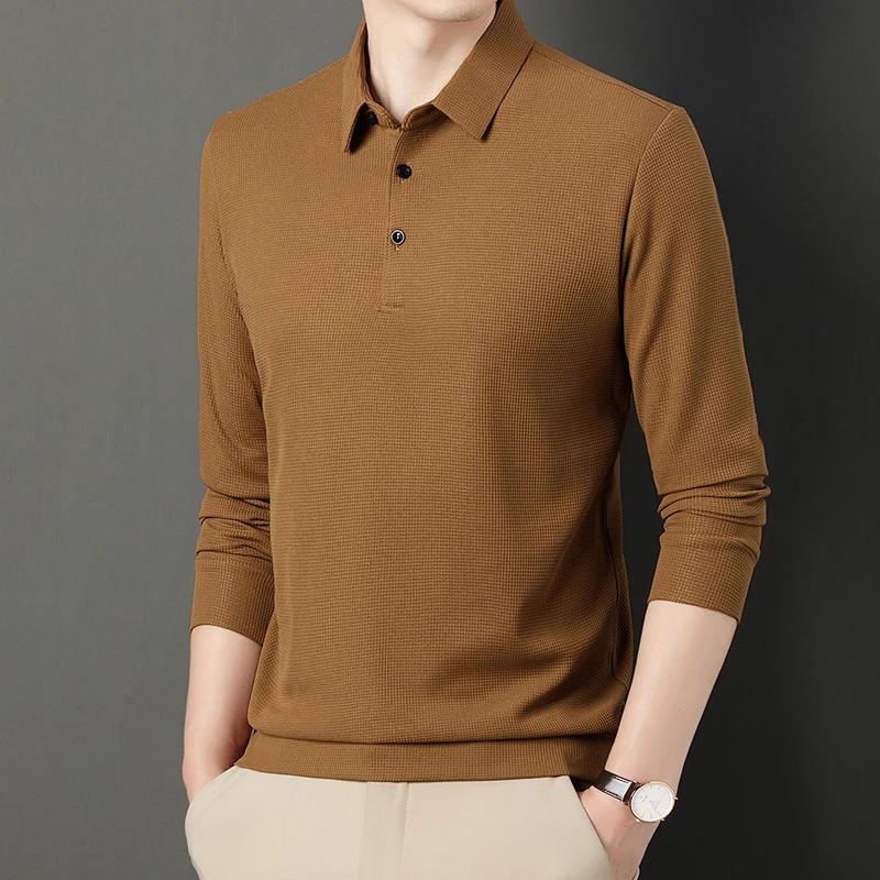 Spring Autumn Waffle Men's Long-sleeved Polo Shirt Business Casual Slim Top Classic Solid Color Male Brand Tees