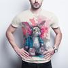 Hip-Hop Bunny Graphic Tee - Urban Streetwear Rabbit with Headphones, Splash Art Design, Soft Polyester, Men's T-Shirt