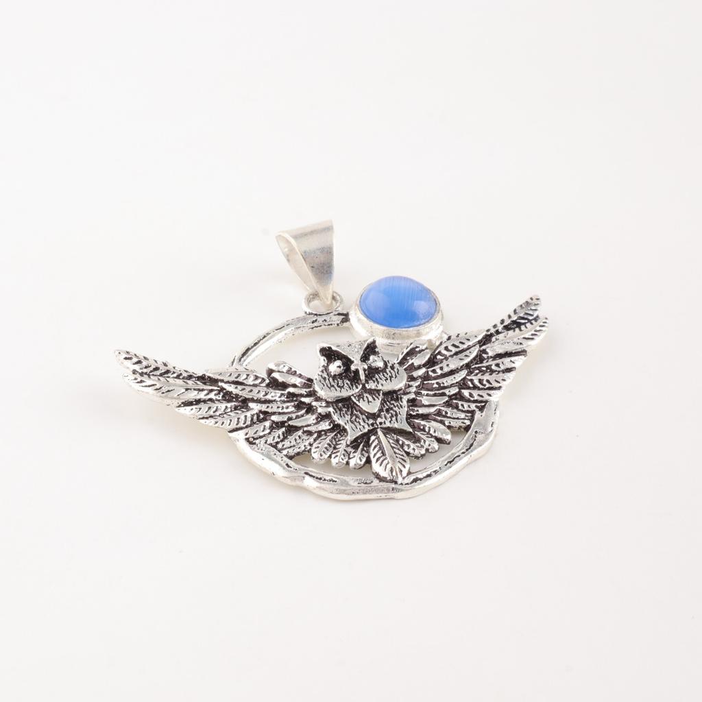Dark Blue Cat's Eye Gemstone 925 Sterling Silver Handmade Stylish Pendant 1.48" CP-17-38