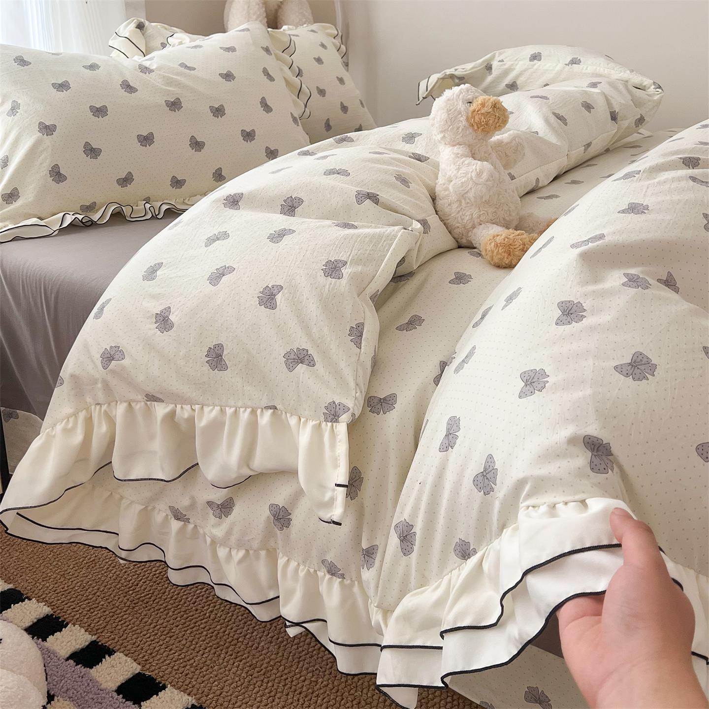 Ensembles de literie imprimé cerise douce coréenne à volants oft Coton lavé Housse de couette Ensemble de literie style princesse mignonne pour chambre de fille 150X200cm 3pcs white