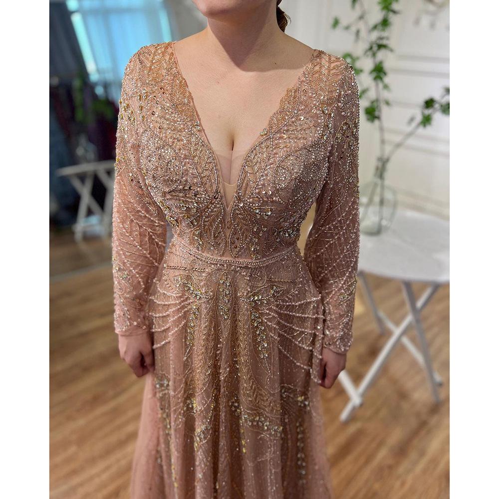 Serene hill rose gold V-neck long sleeves, slim and elegant banquet host evening dress LA10181L