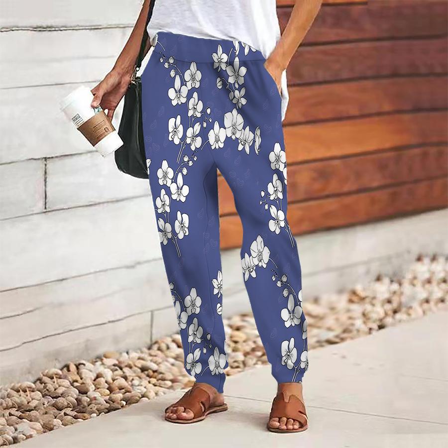 

Женские брюки с цветочным принтом на шнуровке, с эластичной талией, свободные брюки, повседневные длинные брюки, брюки с карманами XS синий
