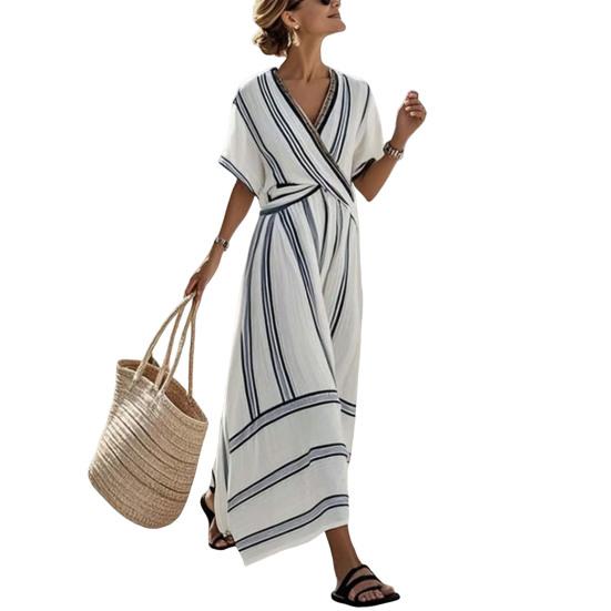 

Summer Maxi Dress for Women Striped Short Sleeve V Neck Swing Dress Casual Beach Vacation Flowy A-line Sundress XXL