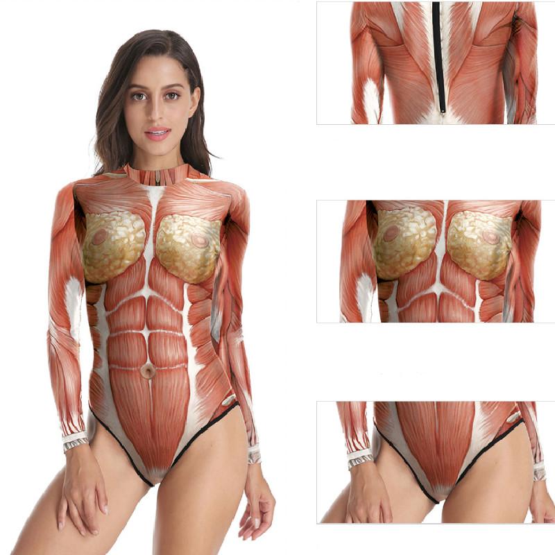 Body Tissue Print Swimwear Beach Pool One Piece Tight Long Sleeve Bikini Women