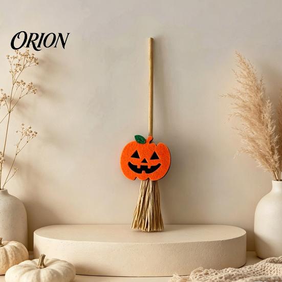 Natural Straw Broom Ornament Halloween Mini Broomstick Ornament, Witch Pumpkin Bat Ghost Decor with Grass Bright Wear-resistant Broom, Festive