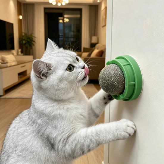 2Pcs Catnip Cat Lick Balls Rotating Catnip Ball Cat Toy Safe Healthy Kitten Chew Toy with Adhesive for Wall or Floor Cats Licking Chewing Play