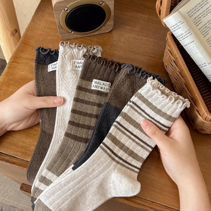 Black Fungus Lace Socks, Women's Spring and Autumn Cloth Label Long Socks, Pure Cotton Breathable and Versatile Mid-calf Socks