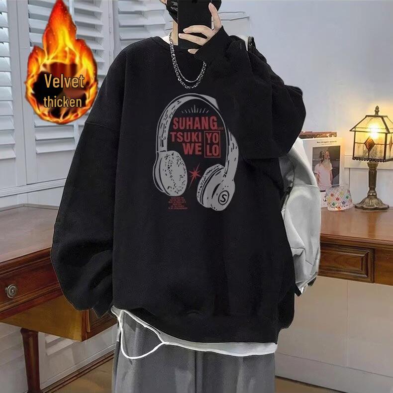 Silver Fox Velvet Men s Trendy Printed Hoodie - Warm Autumn/Winter Drop Shoulder Fleece Pullover L