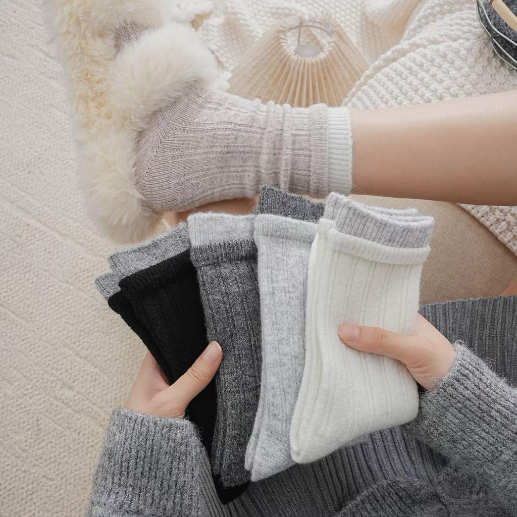 Socks Wool Simple And Versatile Korean Boneless Socks Medium Tube Socks Color Matching Double Screw Stacking Socks