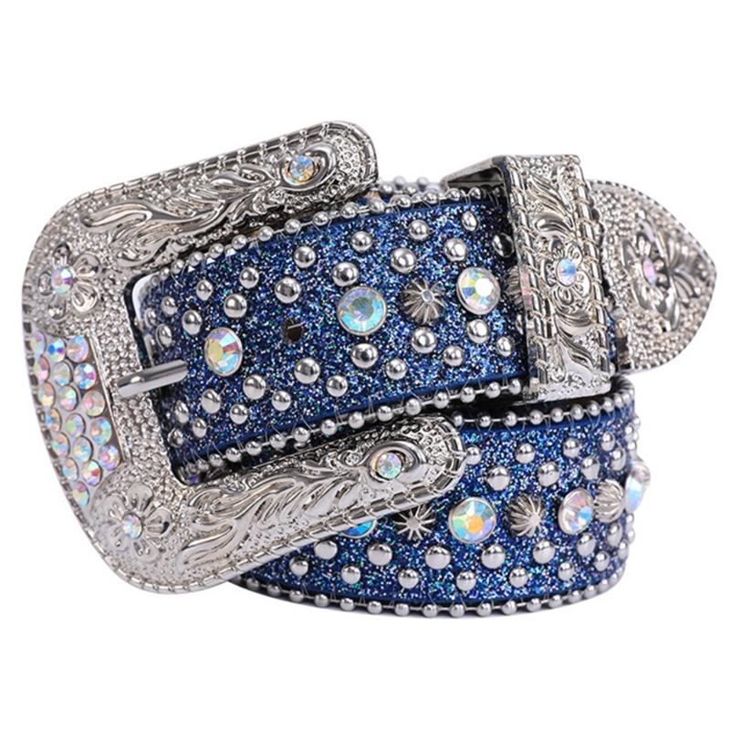 

Rhinestones Studded Western Leather Belt Bling Waist Belts for Dresses Pants 115cm