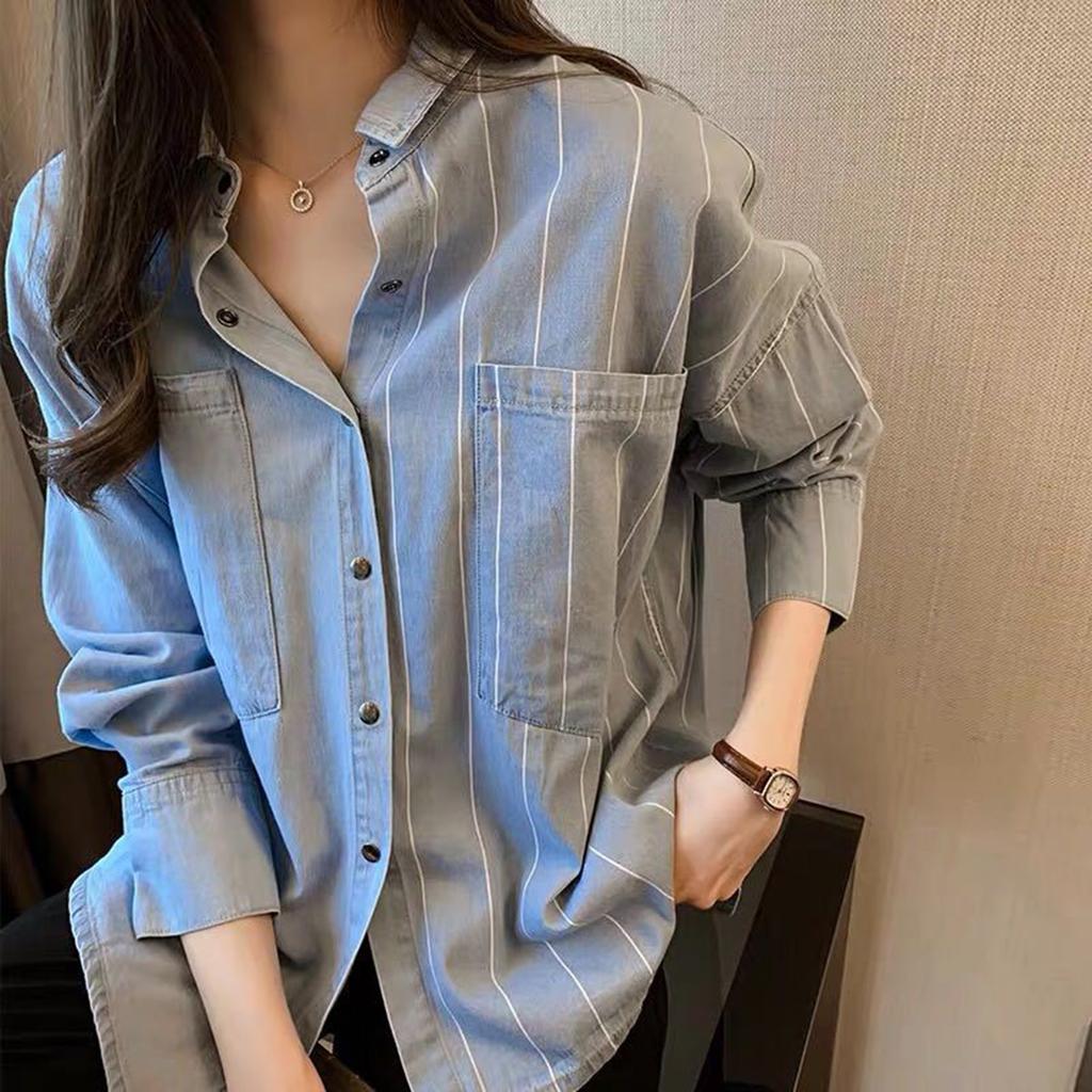 Women's Fashion Striped Denim Long Sleeve Loose Blouse Design Top