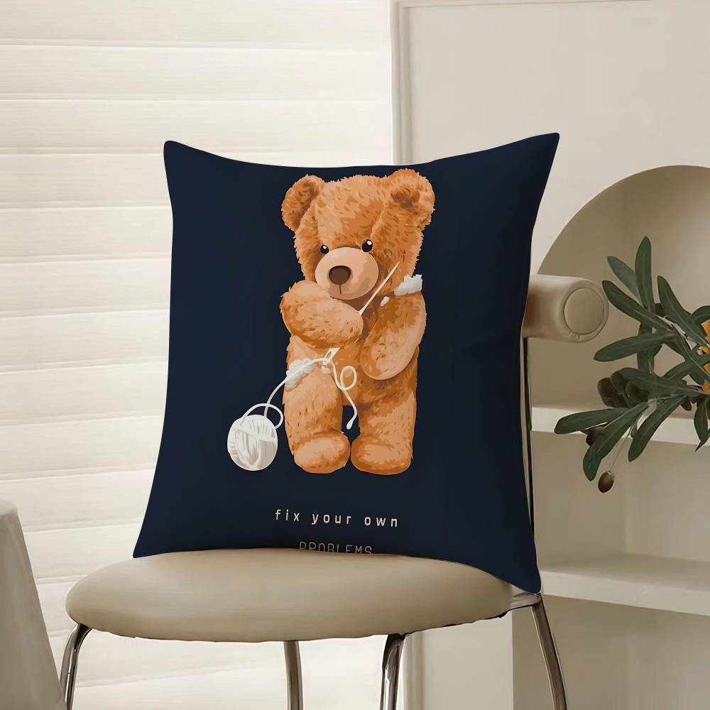 Childish-hearted And Friends Teddy Bear-B Pillow Case Comfort Sofa Bed Silky Elegant Invisible Zipper Decorative Cushion Cover