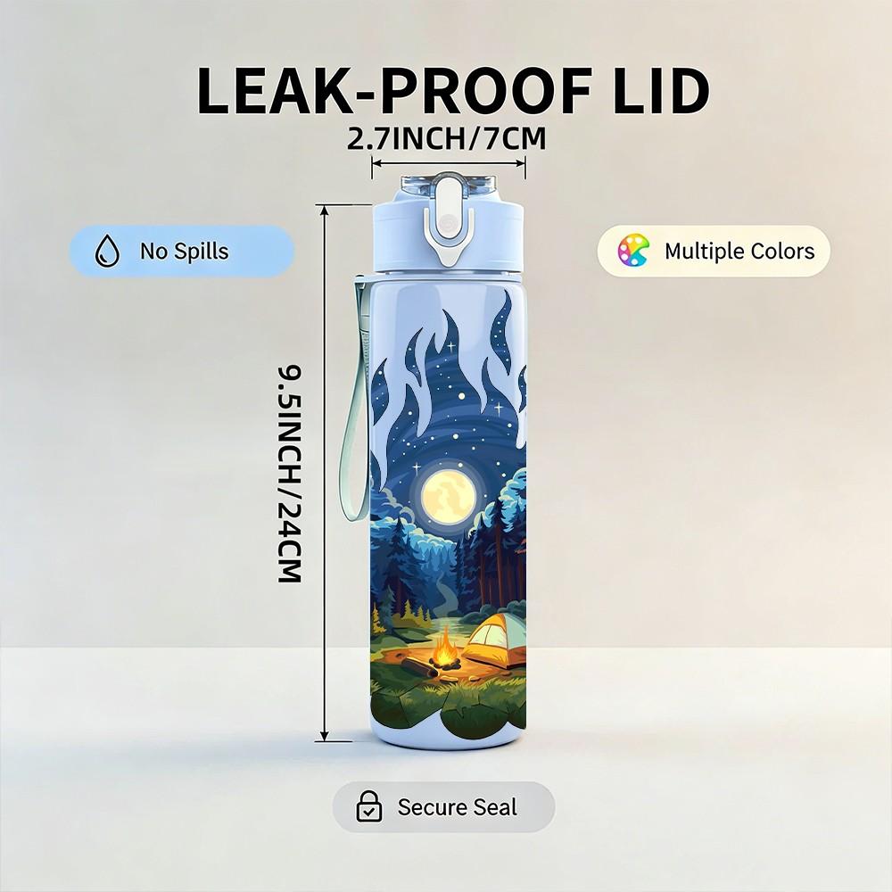 1PC Mountain Campfire Night Landscape Print 750ml Color Plastic Sports Water Bottle Leakproof Flip Straw Lid Suitable for Sports Office Home Use