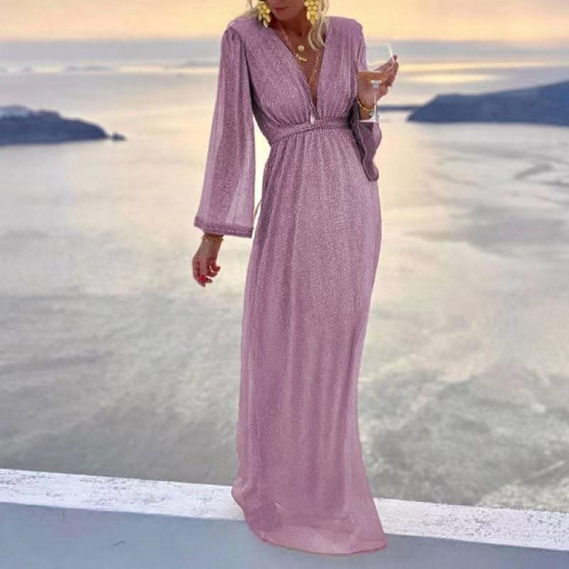 Damen V-Ausschnitt Langarm Maxikleid Lockere Passform Mittlere Taille Elegant Glitzer Abendpartykleid
