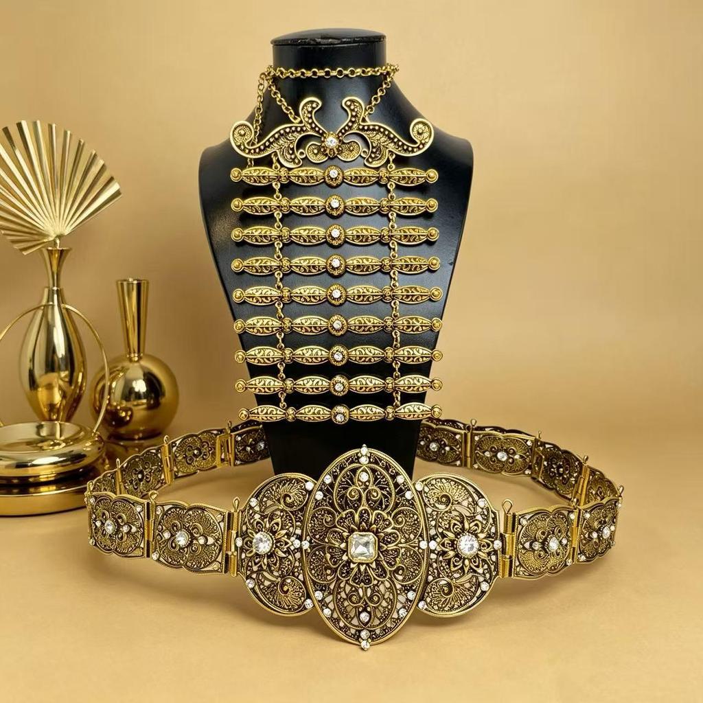 Caucasian Ethnic Rhinestone Women's Waist Belt & Breastplate Set