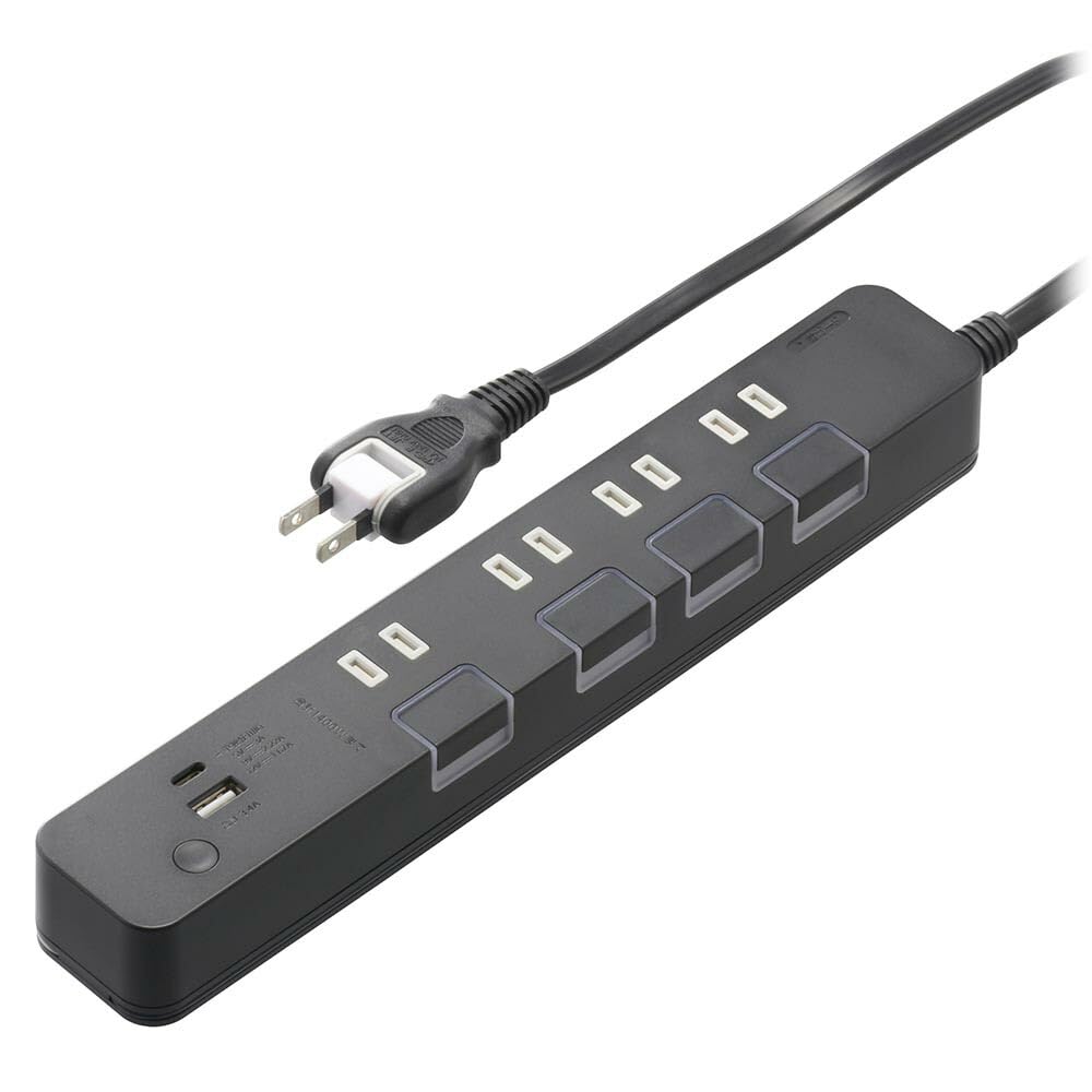 OHM 4-Outlet Power Strip, Energy-Saving, with USB Type-C/Type-A Ports, Fast Charging, PD Compatible, 2m, White, HS-TPKU42PD-24K, 00-1100