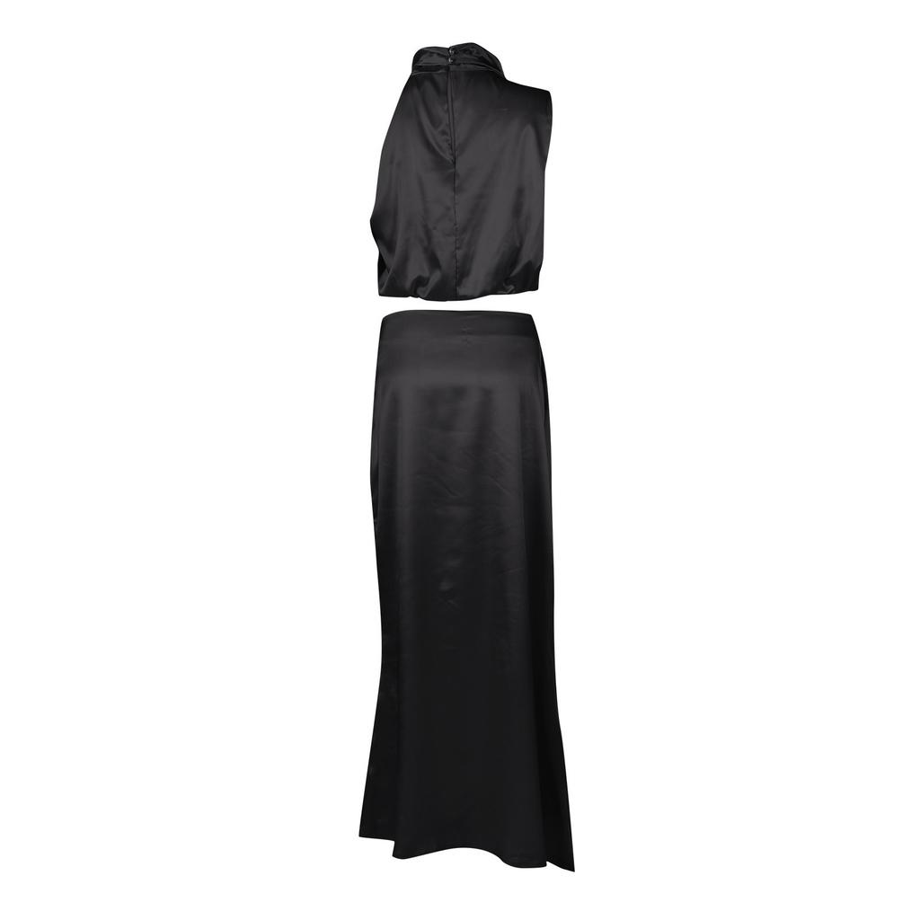 Women's Summer Formal Satin Mock Neck Sleeveless Tank Skirt Two-piece Suit