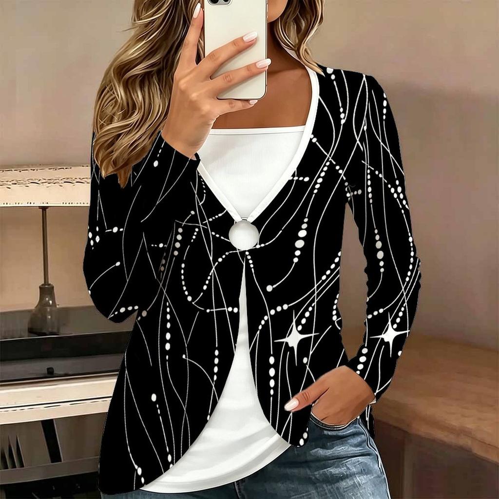 Tops for Women Simple Print Long Sleeve Fake Two‑Piece Top Fall Casual Slim Pullover Women's Long Sleeve Top