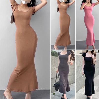Women Maxi Dress Square Neck Short Sleeves Solid Color Slim Fit Elastic Fishtail Hem Sheath Soft Breathable Lady Daily Party Dress