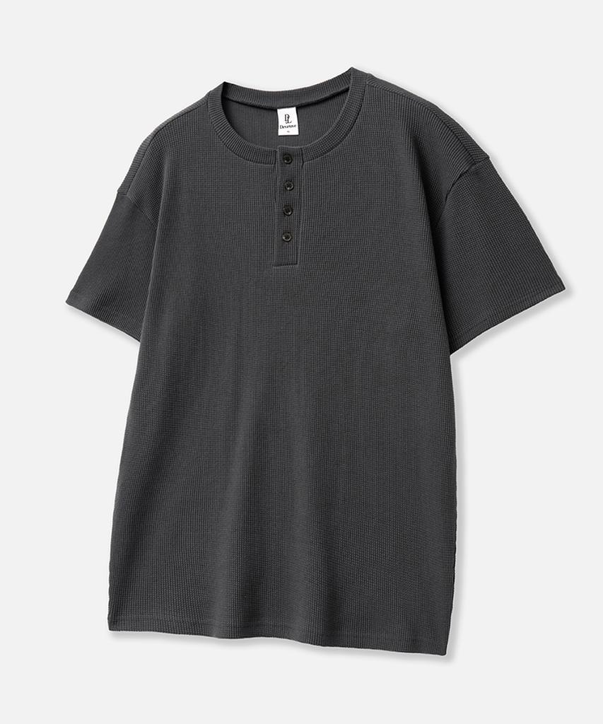 Dibellobeu Basic Henley Neck Waffle Short Sleeve T-Shirt_Charcoal