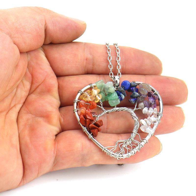 Seven-Color Heart-Shaped Tree of Life Necklace with Natural Stone Crystals