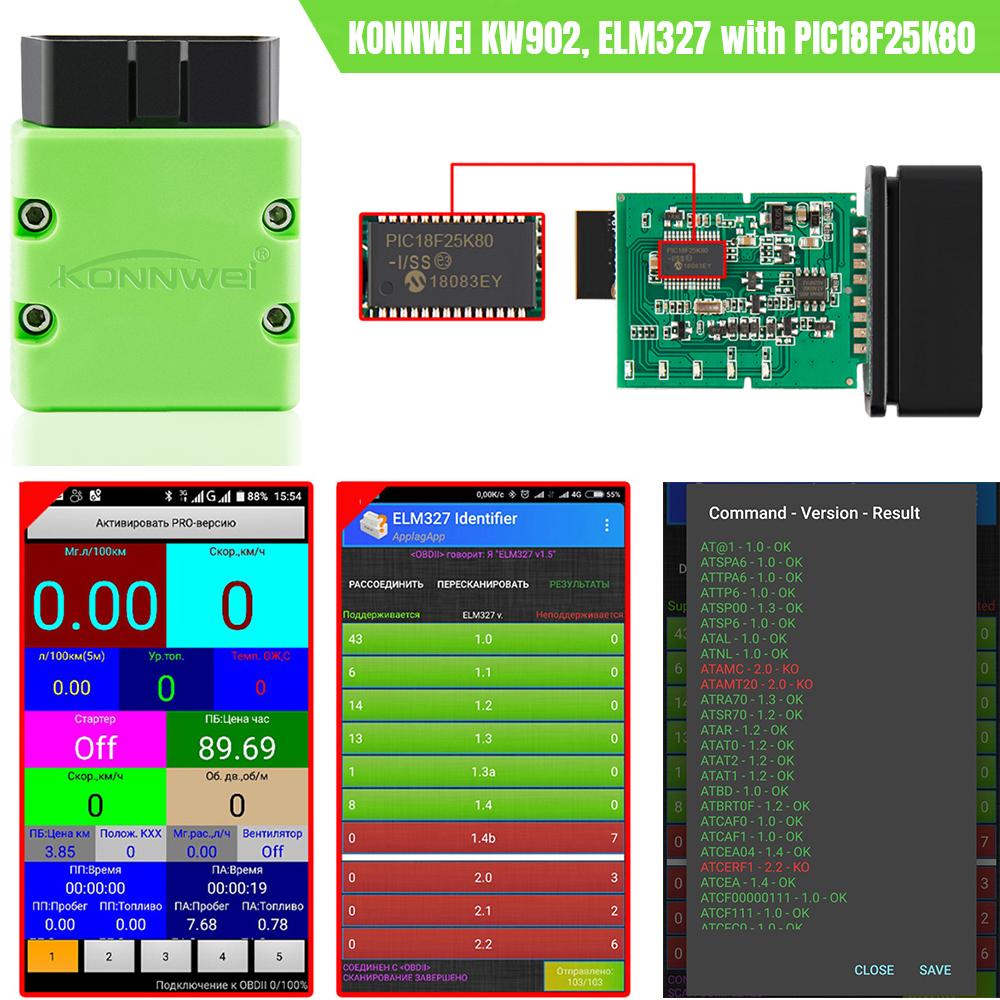 KONNWEI KW902 ELM327 V1.5 Bluetooth 5.0 Escáner OBD2 ELM 327 PIC18F25K80 Comprobación del Motor Escáner de Coche Lector de Códigos de Diagnóstico OBD 2