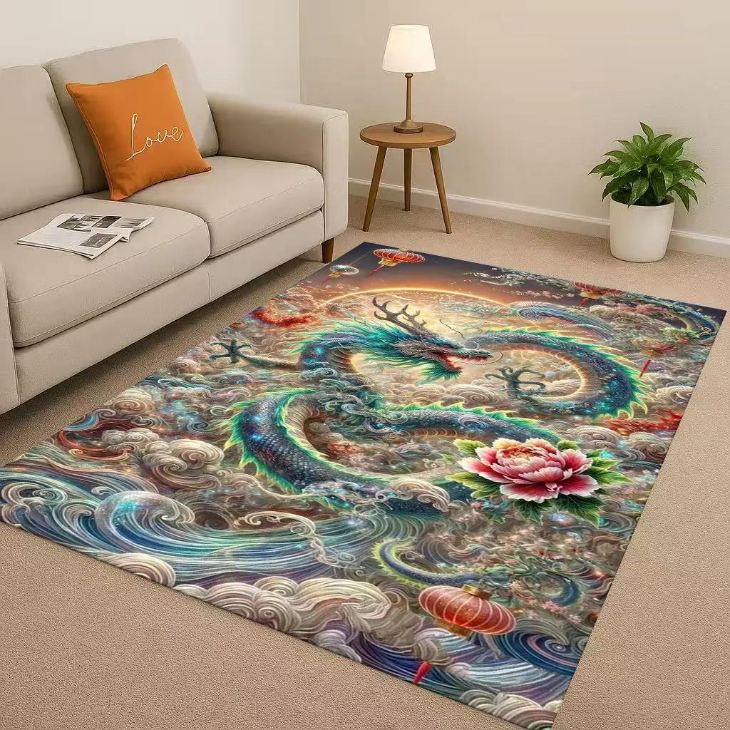 Cartoon Yin Yang Element Dragon Chinese Loong Living Room Non-Slip Area Rug Carpet for Bedroom Playroom Sofa,Home Decor Doormat