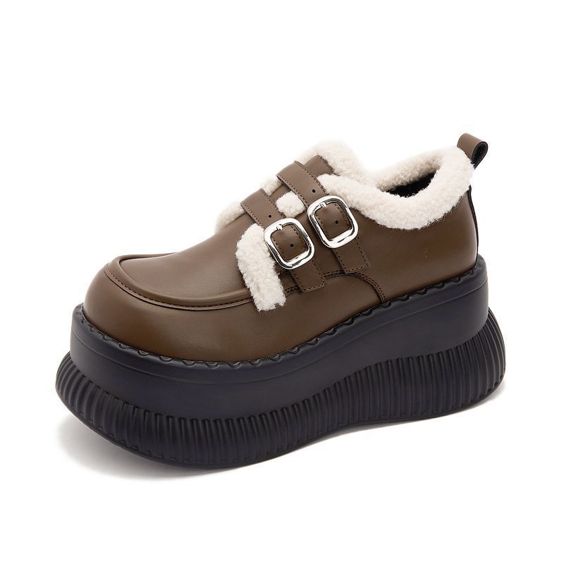 Fleece loafers women's 2025 new autumn and winter warm fluffy shoes versatile height-increasing small leather shoes muffin platform cotton shoes