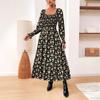 Women's Fashion Print One-line Collar Long-sleeved Dress