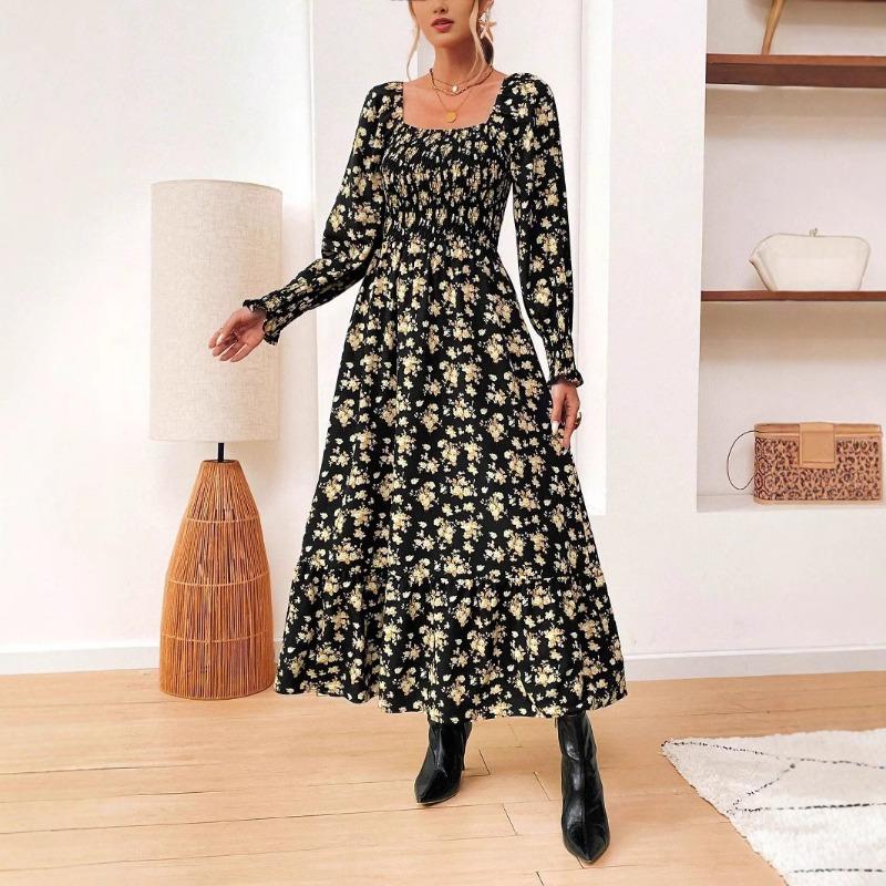 Women's Fashion Print One-line Collar Long-sleeved Dress