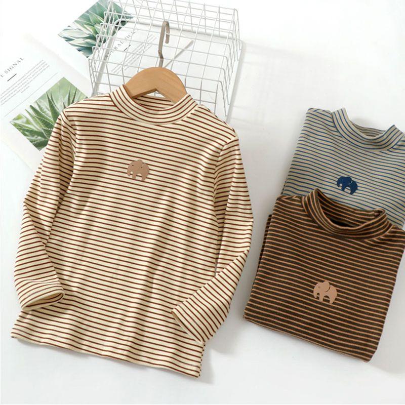 Half-Turtleneck Base Layer Shirt for Autumn and Winter, Casual Long-Sleeve Top for Boys and Girls, Striped Thermal Clothing for Older Children