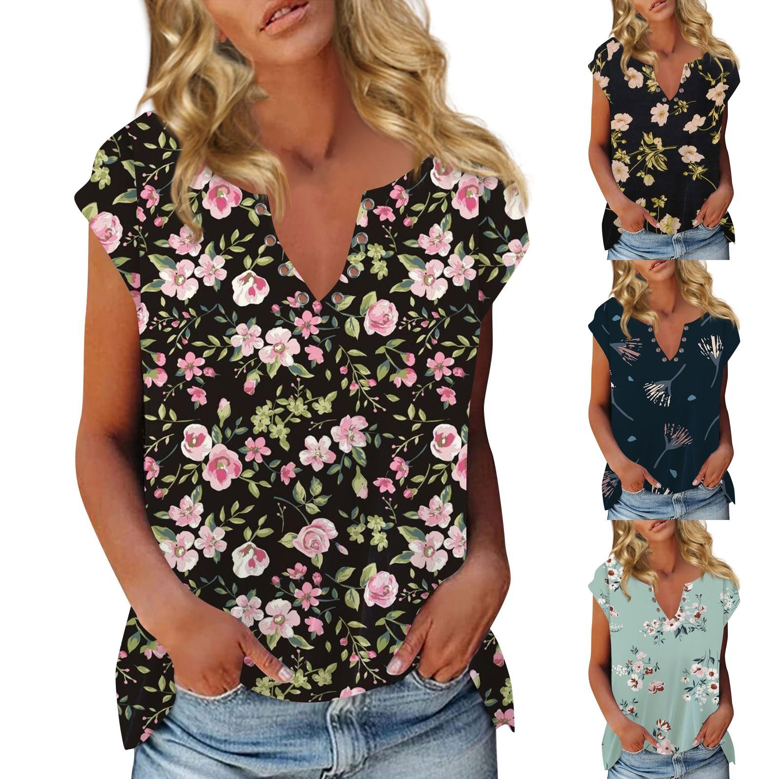 

Женская модная повседневная футболка с цветочным принтом в стиле бохо, блузка с коротким рукавом и V-образным вырезом, топы