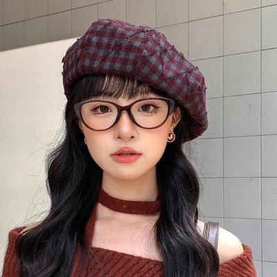 Retro Kontrastfarbene Karomuster-Baretts für Damen Japanisch Personalisierte Vielseitige Gesichtsbetonende Kleine Literarische Malerhüte