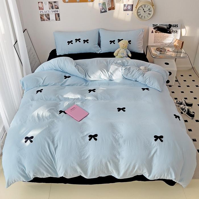 Girls Pink Bedding Set with Bow Korean Breathable Duvet Cover No Filler Flat Sheet Pillowcases Mix Color Comforter Cover Set