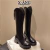 Cowhide version, brown boots for women, thin but knee boots, thick-soled heightening, small knight boots, thick-heeled high boots.