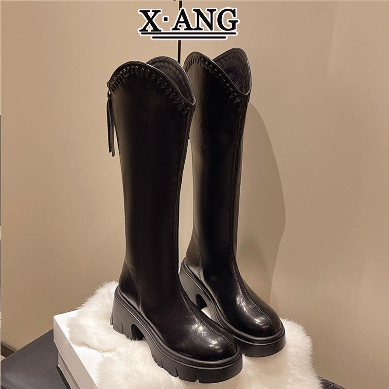 Cowhide version, brown boots for women, thin but knee boots, thick-soled heightening, small knight boots, thick-heeled high boots.