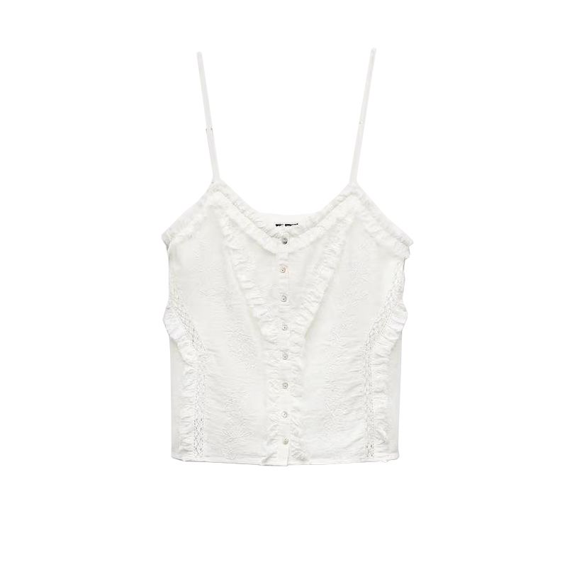 Spring New Women's Clothing Pure Desire Style Laminated Decoration Embroider Cotton Tulle Sling Tops 0881073