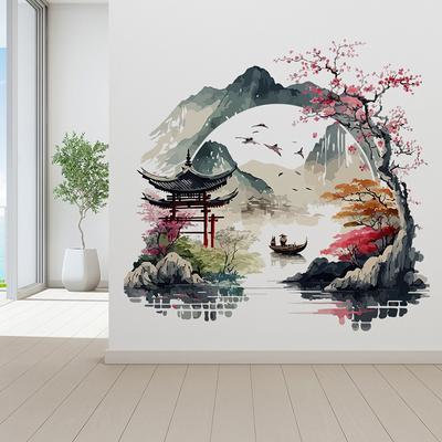 Landscape Painting Birds Mountain River Wall Sticker Background Home Bedroom Wall Kitchen Refrigerator Home Decoration Decals