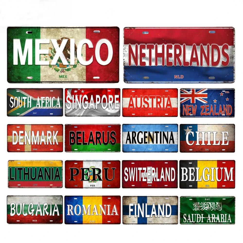 HD Metal Tin Sign World National Flags License Plate Style Vintage Retro Wall Art Decor for Home Bar Garage