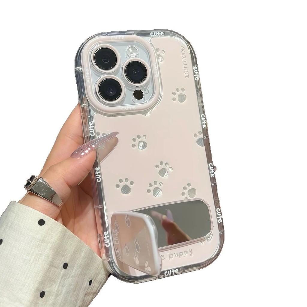 Ins Cat Claw Mirror Bracket Suitable for Apple 16promax Mobile Phone Case 15 Feather Yarn Butter Shell 14 Cute 13/12