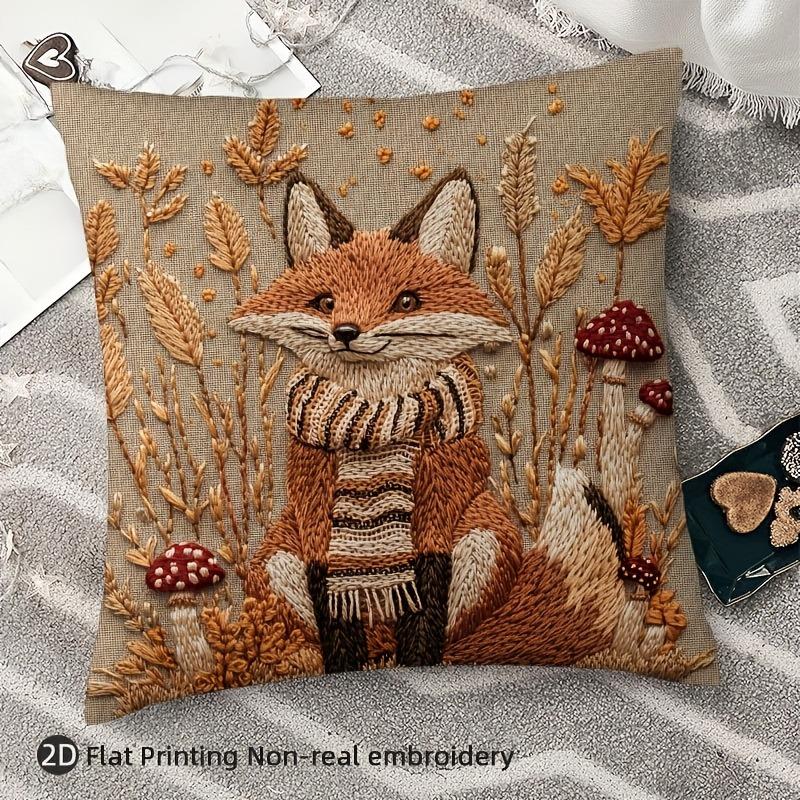 1pc 2D Printed Vintage Fox and Mushroom Pillow Cover