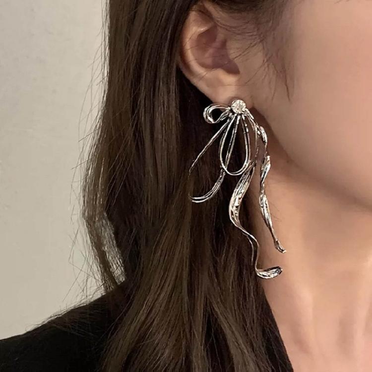 Exaggerated Irregular Metal Ribbon Bowknot Earrings for Women Girl Long Earrings