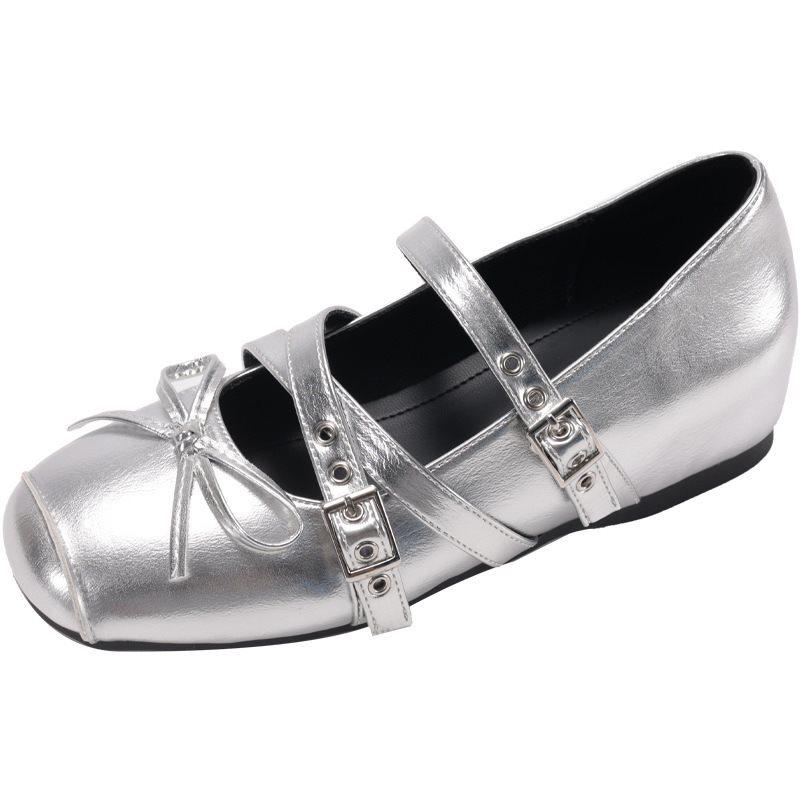Silver Inner Height Increase Mary Jane Shoes Bow Flat Bottom New 6Cm French Single Shoes Women'S Summer Ballet Large Size Women'S Shoes