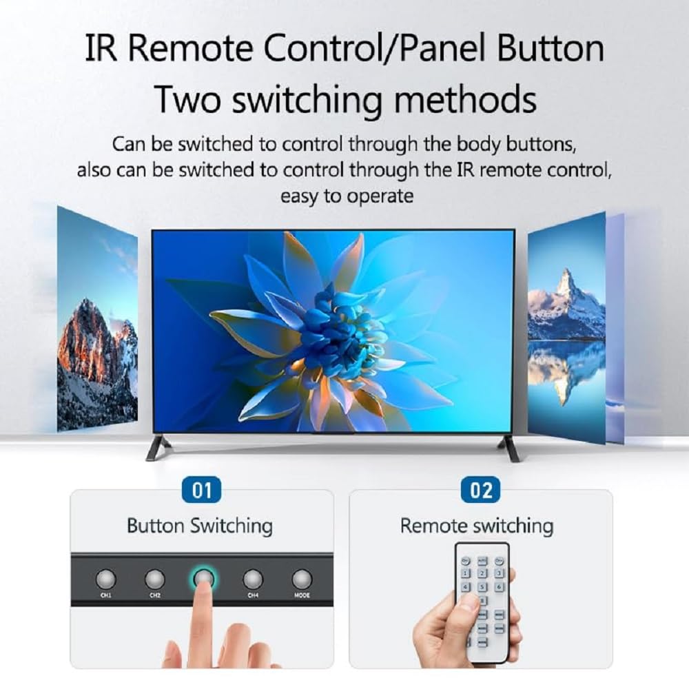 4K HDMI Multi-Viewer Switch 4x1, 4K@30Hz Quad Seamless HDMI Multiviewer Switcher 4 in 1 Out w/Remote for Security Camera