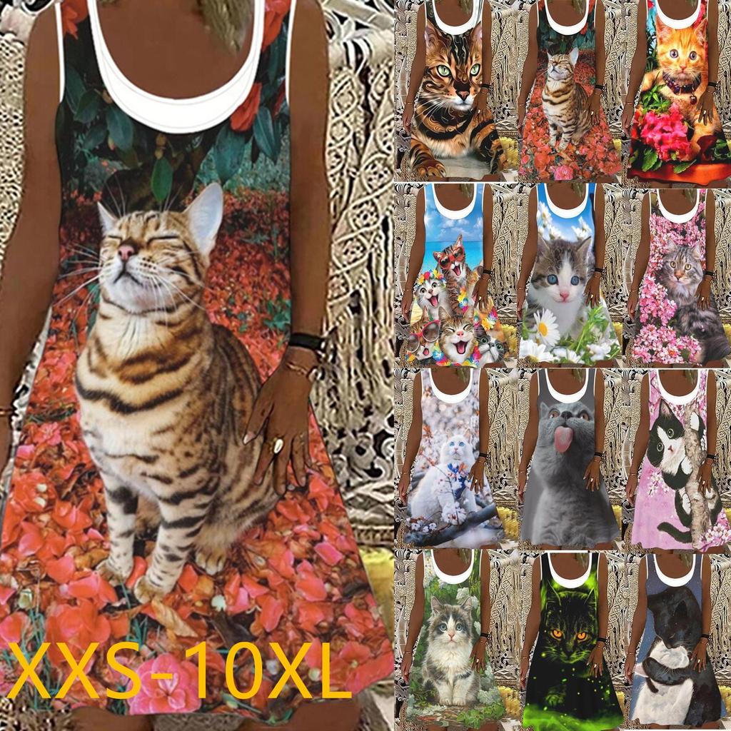 Cheap XXS10XL Oversized Women's Summer Women's Cat Print Round Neck