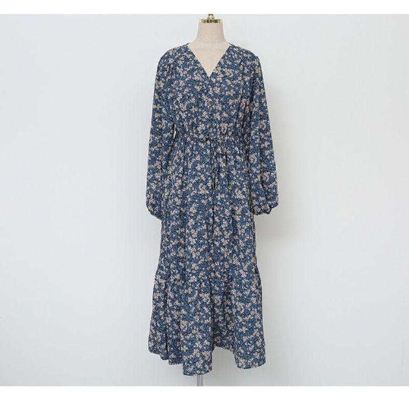 

Plus Size Women s Clothing K-style Spring & Fall New Arrival Mature Women V-neck Floral Girdle Lace-up Long Sleeve Mid Length Long Length Dress Dress Royal Blue 5XL