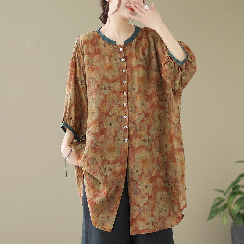 

Retro Floral Print Mid-Length Women s Shirt with Lantern Sleeves, Single-Breasted, Loose Fit, Ramie Fabric, and Five-Point Sleeves. Plus Size