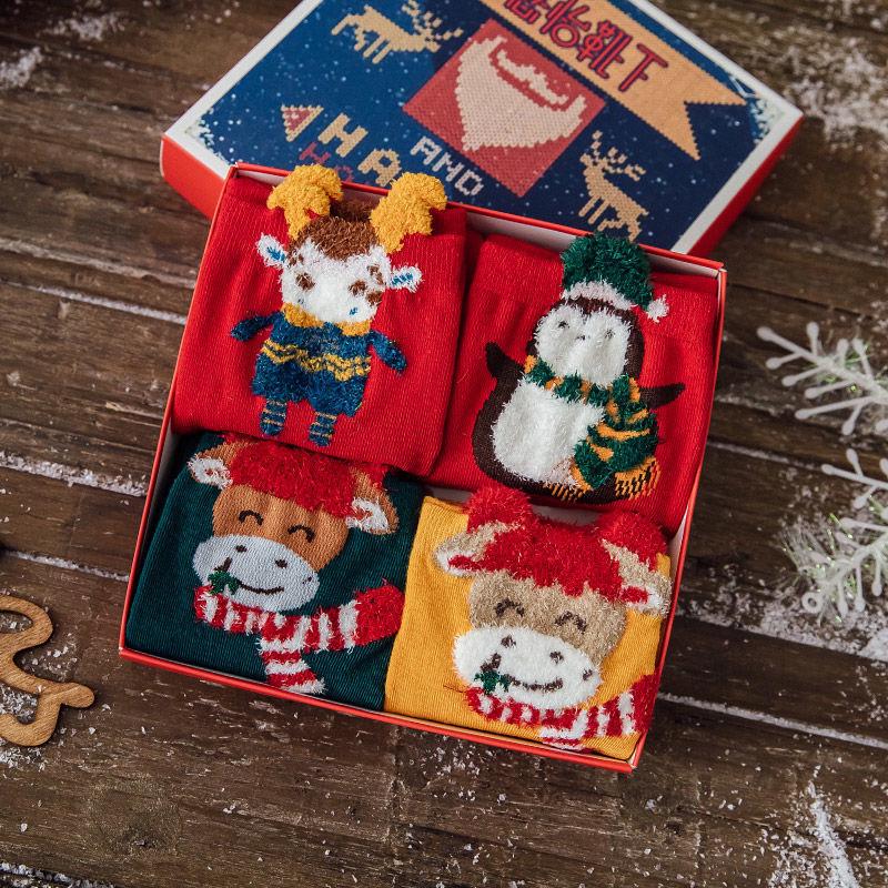 

Подарочная коробка: Женские милые рождественские носки до середины икры, праздничные теплые флисовые, осенне-зимние, красные и в японском стиле One Size