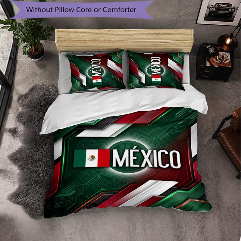 Mexico Footbal Pattern 3 Pieces Bedding Set Soft Microfiber Duvet Cover with Pillow Cases for Bedroom