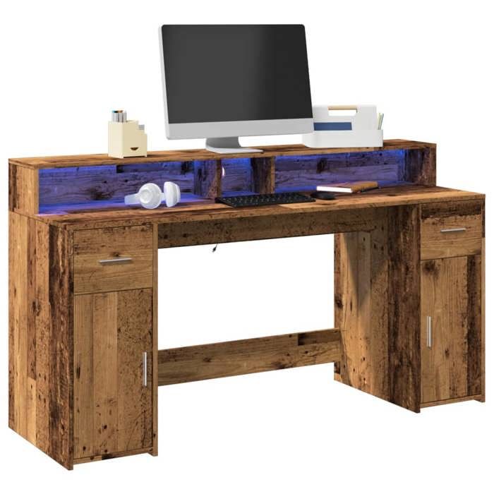 VidaXL Bureau avec lumières LED vieux bois bois d'ingénierie, bureau de travail, bureau d'étude, bureau à domicile, bureau 3309436
